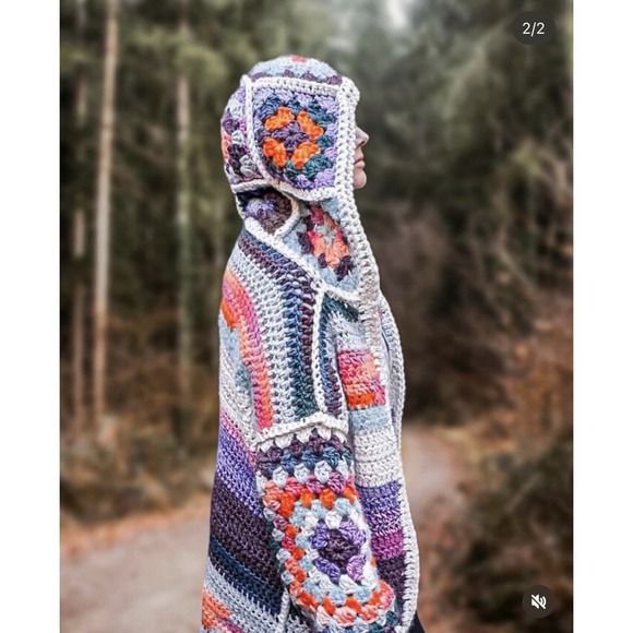 Rare One Of One Merino Wool Hand Crochet Luxury Granny Hooded Cardigan L-XXL - Picture 3 of 10